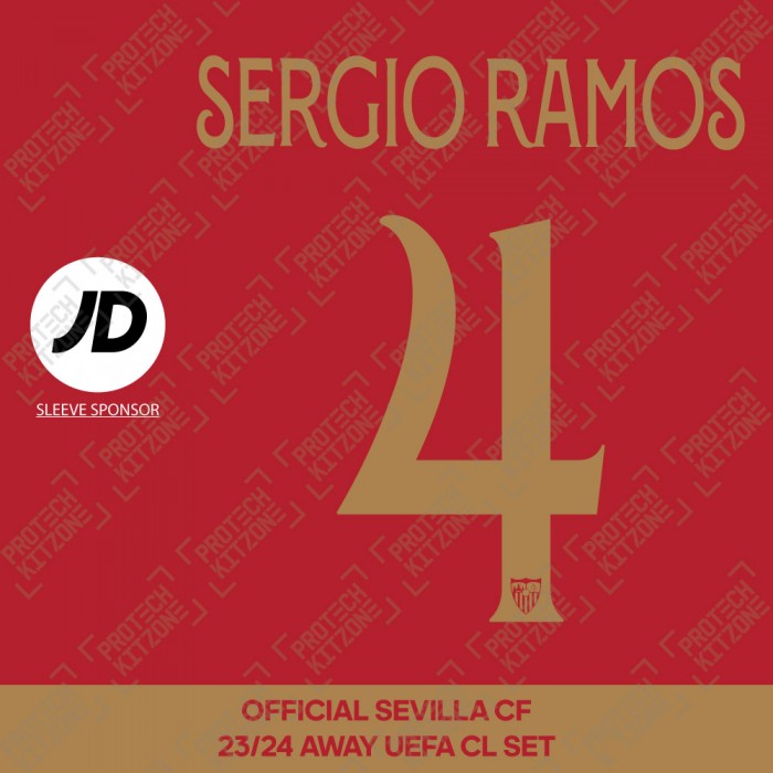Sergio Ramos 4 + JD (Official Sevilla CF 2023/24 Away Shirt UEFA CL Printing Set) 