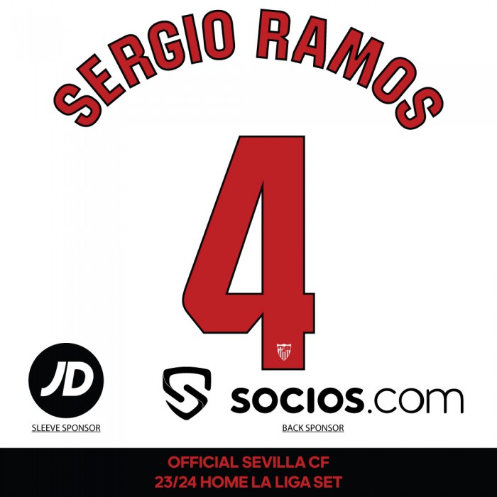 Sergio Ramos 4 + JD + socios.com (Official Sevilla CF 2023/24 Home Shirt La Liga Printing Set) 