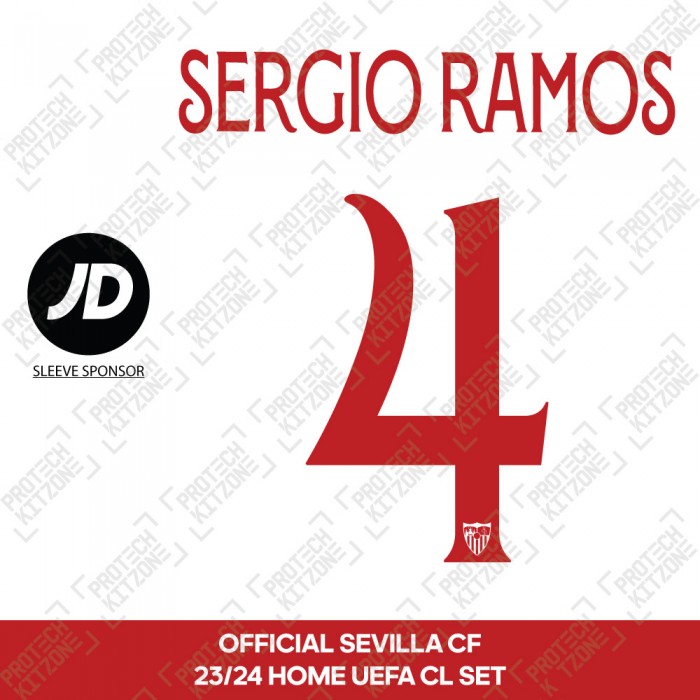 Sergio Ramos 4 + JD (Official Sevilla CF 2023/24 Home Shirt UEFA CL Printing Set) 