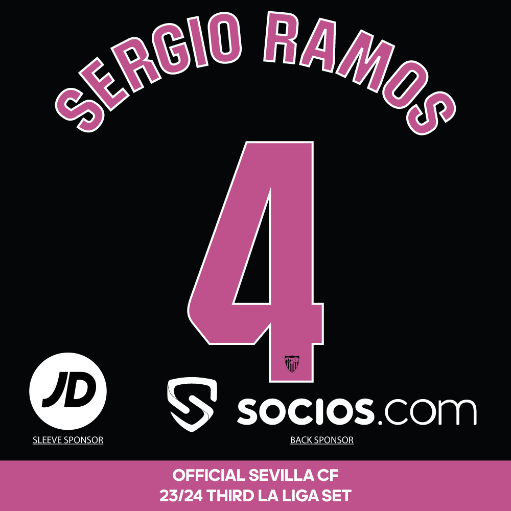 Sergio Ramos 4 + JD + socios.com (Official Sevilla CF 2023/24 Third Shirt La Liga Printing Set) Sergio Ramos 4 + JD + socios.com (Official Sevilla CF 2023/24 Third Shirt La Liga Printing Set)