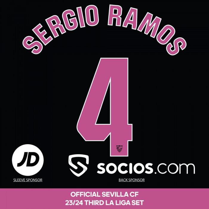 Sergio Ramos 4 + JD + socios.com (Official Sevilla CF 2023/24 Third Shirt La Liga Printing Set) 