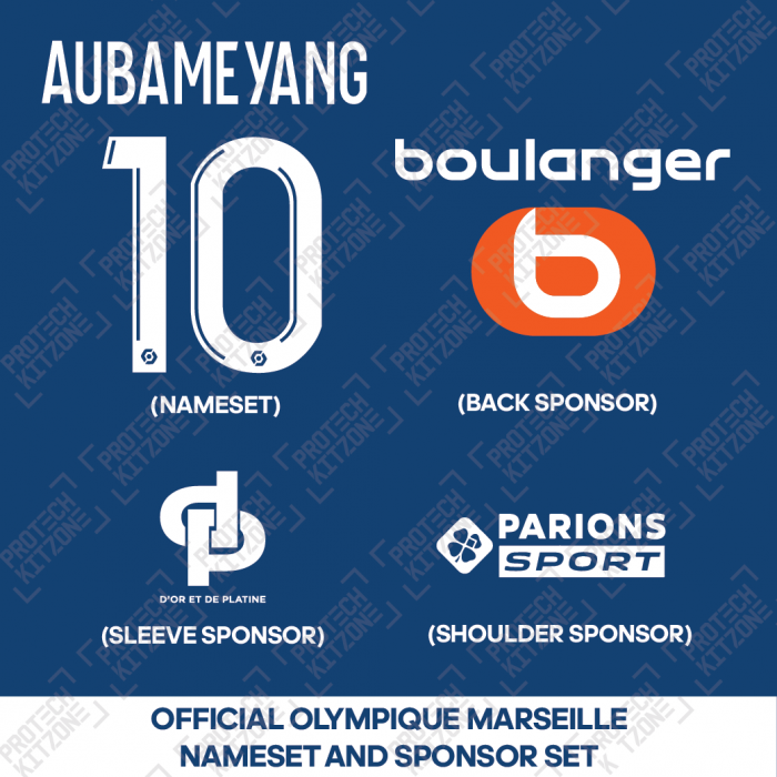 Aubameyang 10 + Parions Sports + D'OR ET DE PLATINE + Boulanger (Official Olympique Marseille 2023/24 Away Ligue 1 Set) 