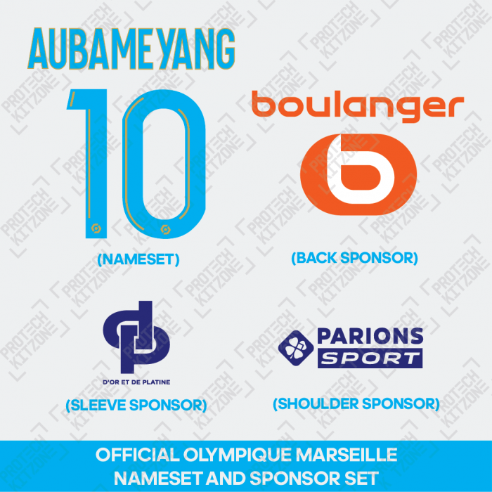 Aubameyang 10 + Parions Sports + D'OR ET DE PLATINE + Boulanger (Official Olympique Marseille 2023/24 Home Ligue 1 Set) 