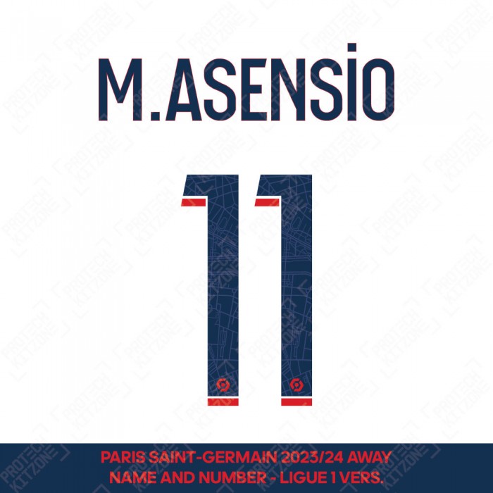 M. Asensio 11 - Official Paris Saint-Germain 2023/24 Away Name and Number (Ligue 1 Version) 