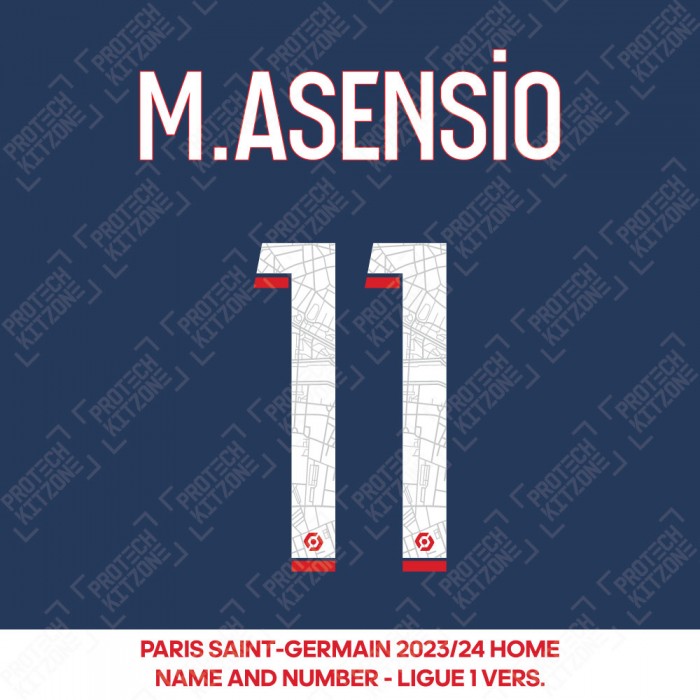 M. Asensio 11 - Official Paris Saint-Germain 2023/24 Home Name and Number (Ligue 1 Version) 
