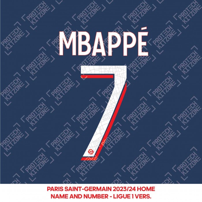 Mbappé 7 - Official Paris Saint-Germain 2023/24 Home Name and Number (Ligue 1 Version) 