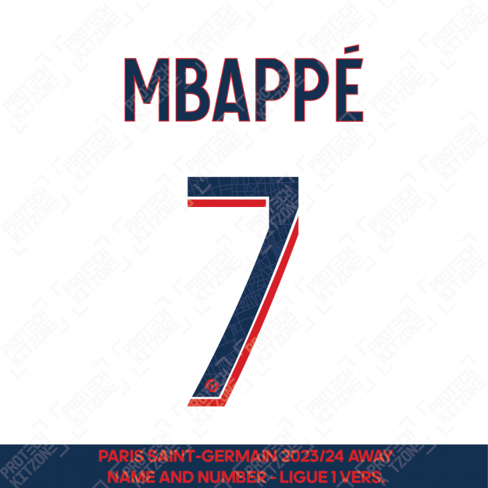 Mbappe 7 - Official Paris Saint-Germain 2023/24 Away Name and Number (Ligue 1 Version) 