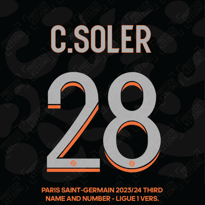 C.Soler 28 - Official Paris Saint-Germain 2023/24 Third Name and Number (Ligue 1 Version) 