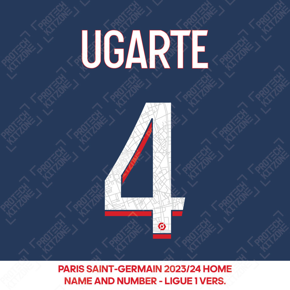 Ugarte 4 - Official Paris Saint-Germain 2023/24 Home Name and Number (Ligue 1 Version) Ugarte 4 - Official Paris Saint-Germain 2023/24 Home Name and Number (Ligue 1 Version)