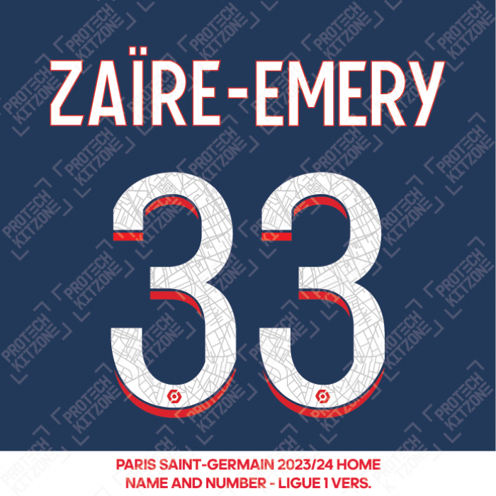 Zaire-Emery 33 - Official Paris Saint-Germain 2023/24 Home Name and Number (Ligue 1 Version) 