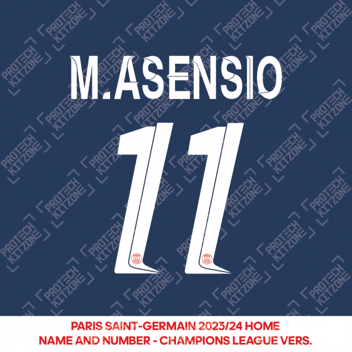 M.Asensio 11 - Official Paris Saint-Germain 2023/24 Home Name and Number (UCL Version) 