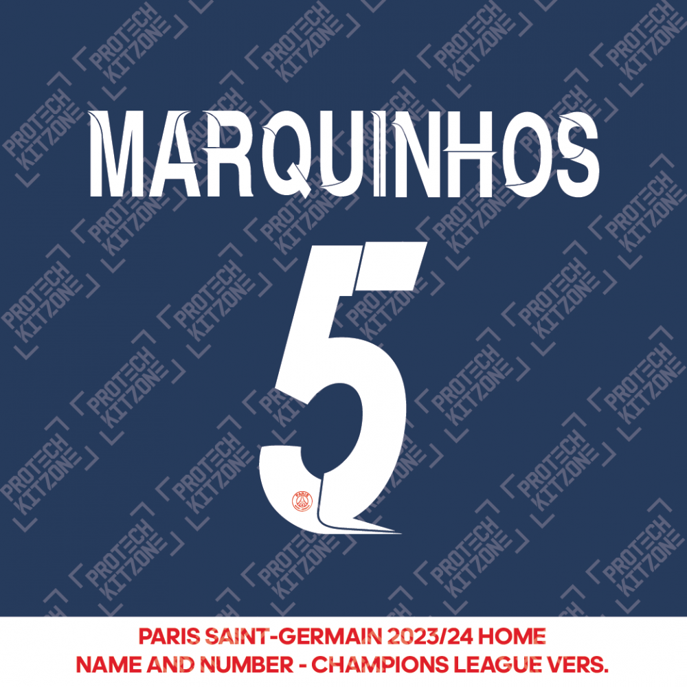 Marquinhos 5 - Official Paris Saint-Germain 2023/24 Home Name and Number (UCL Version) 