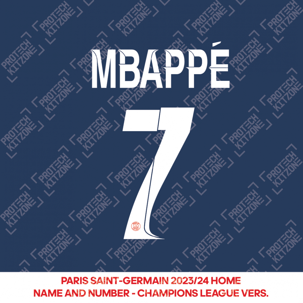 Mbappé 7 - Official Paris Saint-Germain 2023/24 Home Name and Number (UCL Version) 