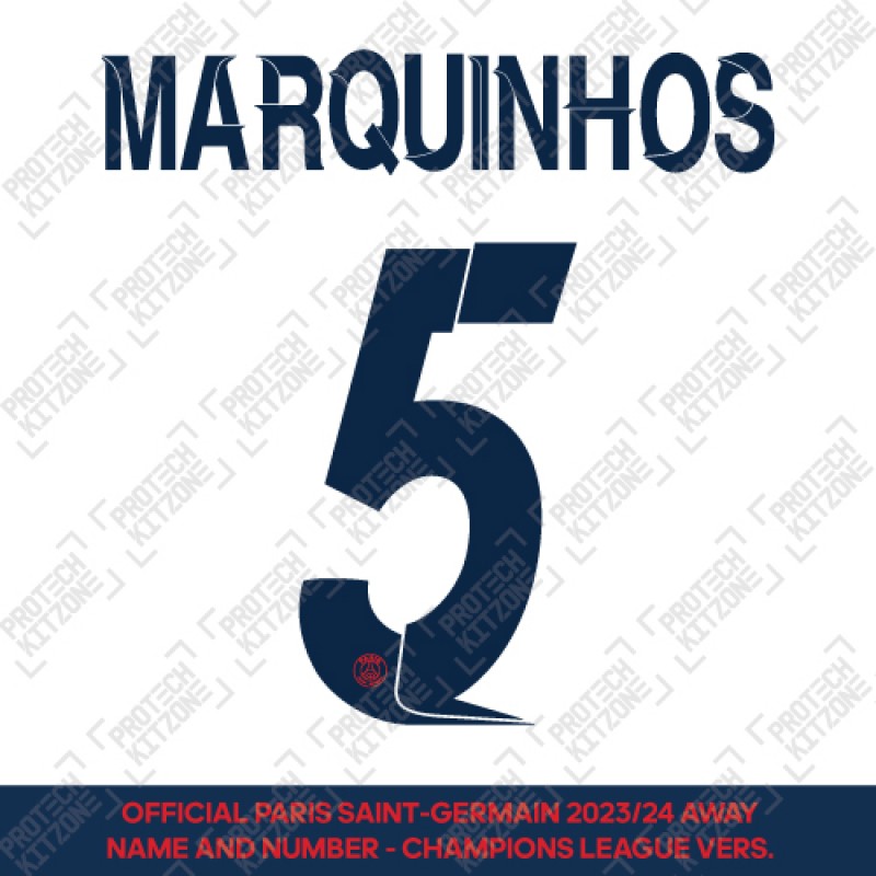 Marquinhos 5- Official Paris Saint-Germain 2023/24 Away Name and Number (Champions League Version) 