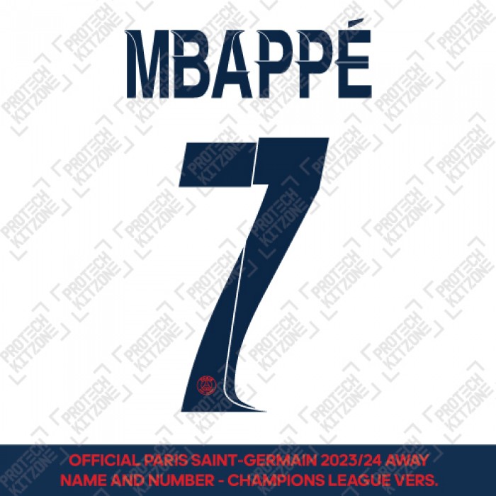 Mbappe 7 - Official Paris Saint-Germain 2023/24 Away Name and Number (Champions League Version) 
