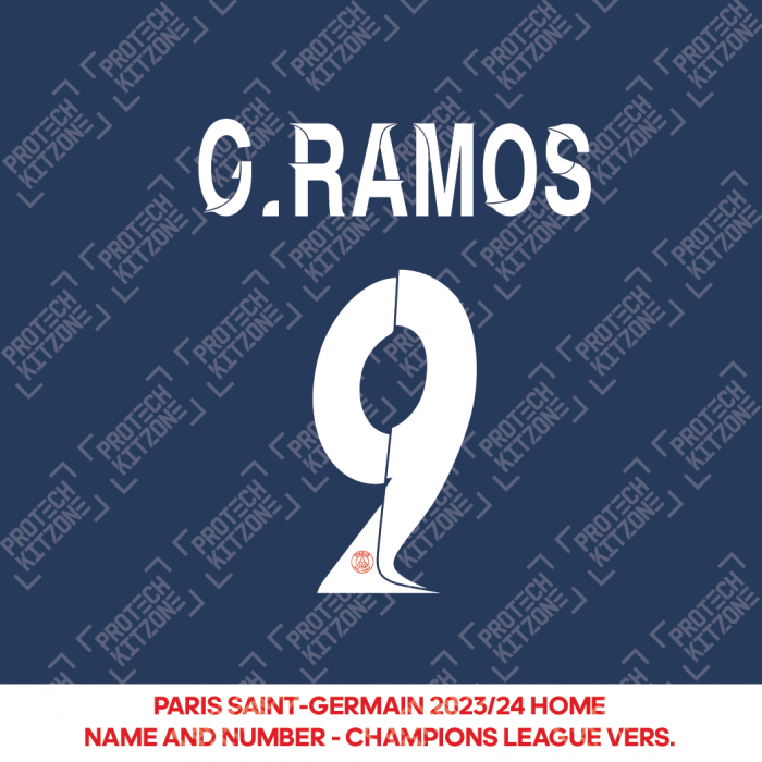 G.Ramos 9 - Official Paris Saint-Germain 2023/24 Home Name and Number (UCL Version) 