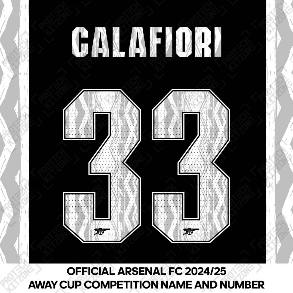 Calafiori 33 - Official Arsenal 2024/25 Away Club Name and Numbering Calafiori 33 - Official Arsenal 2024/25 Away Club Name and Numbering