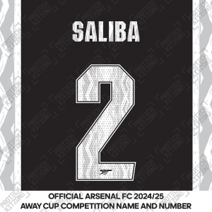 Saliba 2 - Official Arsenal 2024/25 Away Club Name and Numbering