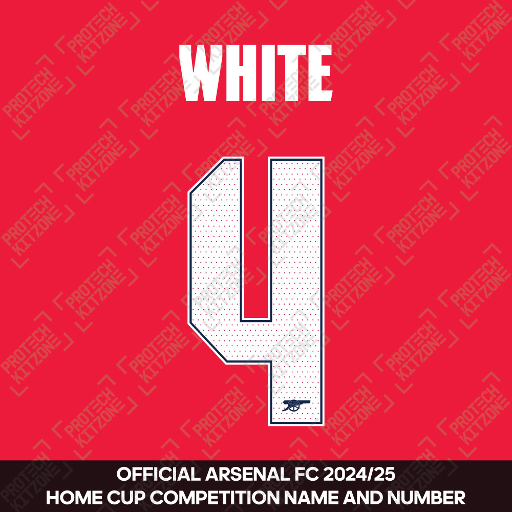 White 4 - Official Arsenal 2024/26 Home Club Name and Numbering (W4-2425-HNNS, 2025/26 Season Nameset, ) by www.protechkitzone.com White 4 - Official Arsenal 2024/26 Home Club Name and Numbering