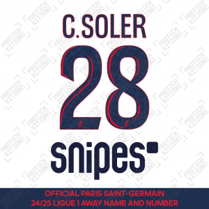C. Soler 28 - Official Paris Saint-Germain 2024/25 Away Name and Number (Ligue 1 Version) 