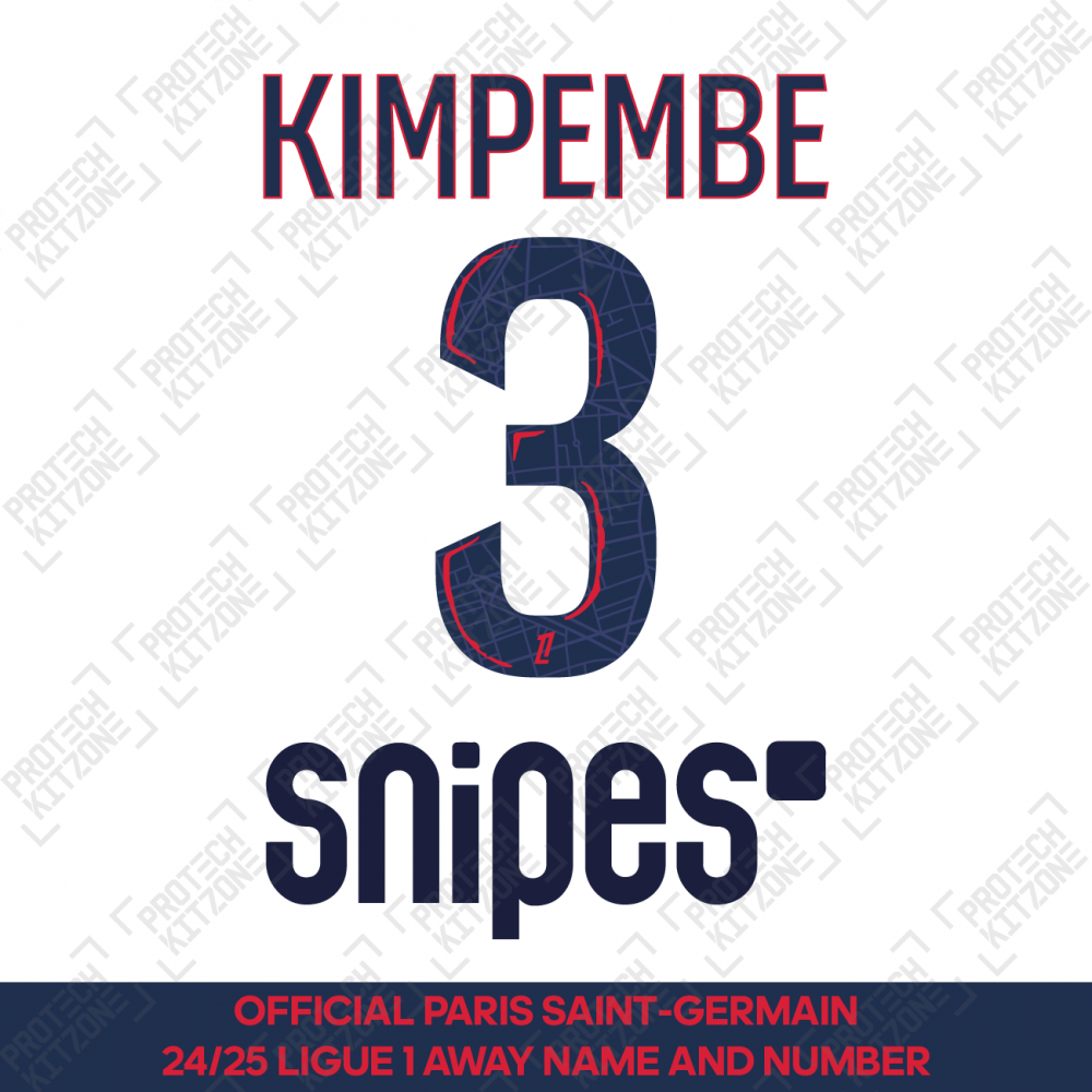 Kimpembe 3 - Official Paris Saint-Germain 2024/25 Away Name and Number (Ligue 1 Version) Kimpembe 3 - Official Paris Saint-Germain 2024/25 Away Name and Number (Ligue 1 Version)