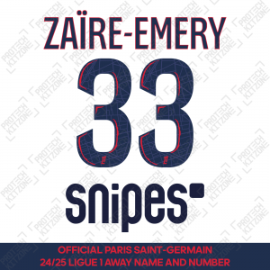 Zaïre-Emery 33 - Official Paris Saint-Germain 2024/25 Away Name and Number (Ligue 1 Version) 