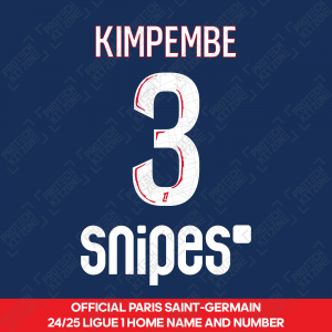 Kimpembe 3 - Official Paris Saint-Germain 2024/25 Home Name and Number (Ligue 1 Version) 