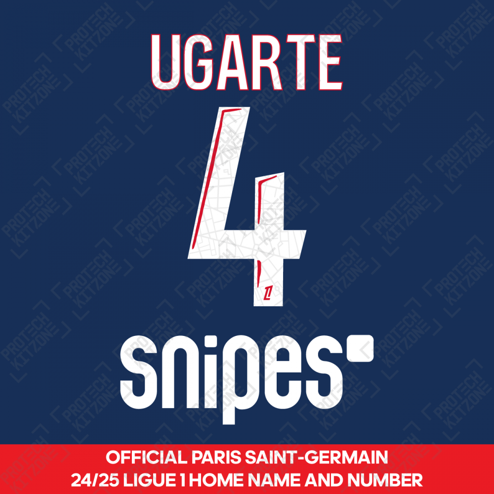Ugarte 4 - Official Paris Saint-Germain 2024/25 Home Name and Number (Ligue 1 Version) Ugarte 4 - Official Paris Saint-Germain 2024/25 Home Name and Number (Ligue 1 Version)