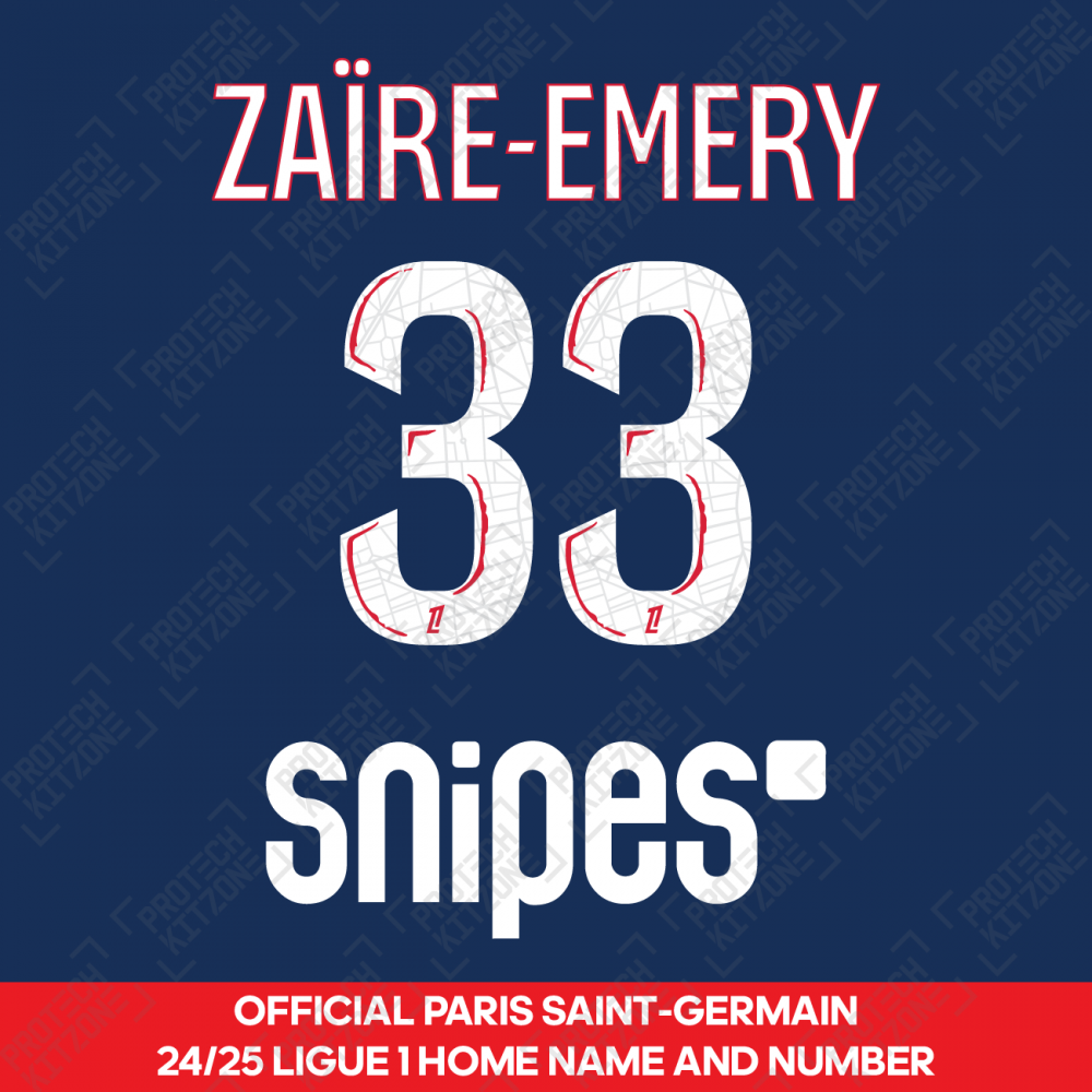 Zaire-Emery 33 - Official Paris Saint-Germain 2024/25 Home Name and Number (Ligue 1 Version) Zaire-Emery 33 - Official Paris Saint-Germain 2024/25 Home Name and Number (Ligue 1 Version)
