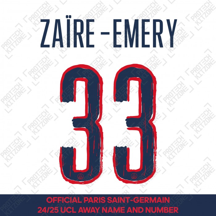 Zaïre-Emery 33 - Official Paris Saint-Germain 2024/25 Away Name and Number (UCL Version) 