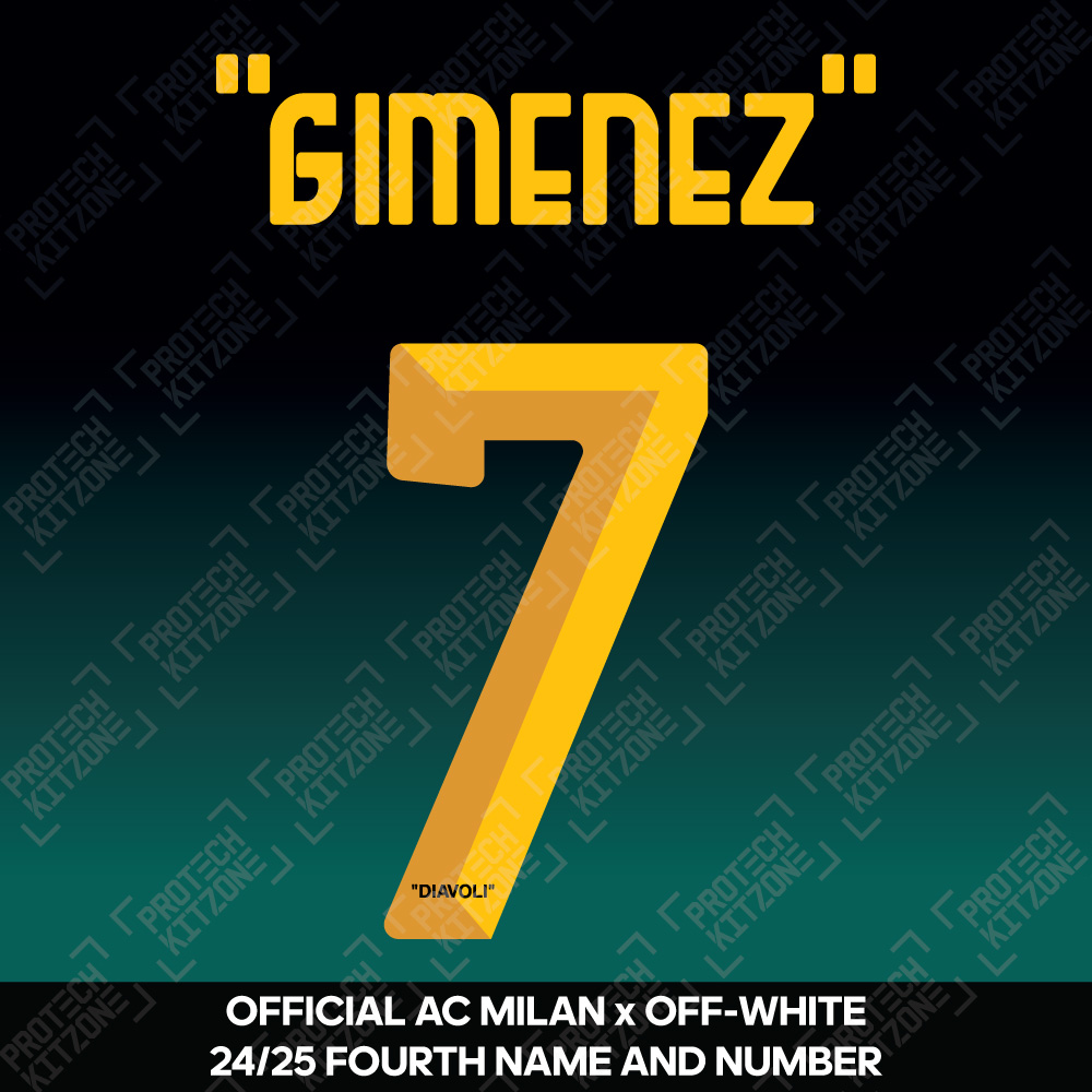 "Gimenez" 7 (Official AC Milan x Off-White 2024/25 Fourth Name and Numbering) (ACM-2425-NNS-Yellow (Off-White)-Gimenez 7, 2024/25 Season Nameset, ) by www.protechkitzone.com "Gimenez" 7 (Official AC Milan x Off-White 2024/25 Fourth Name and Numbering)