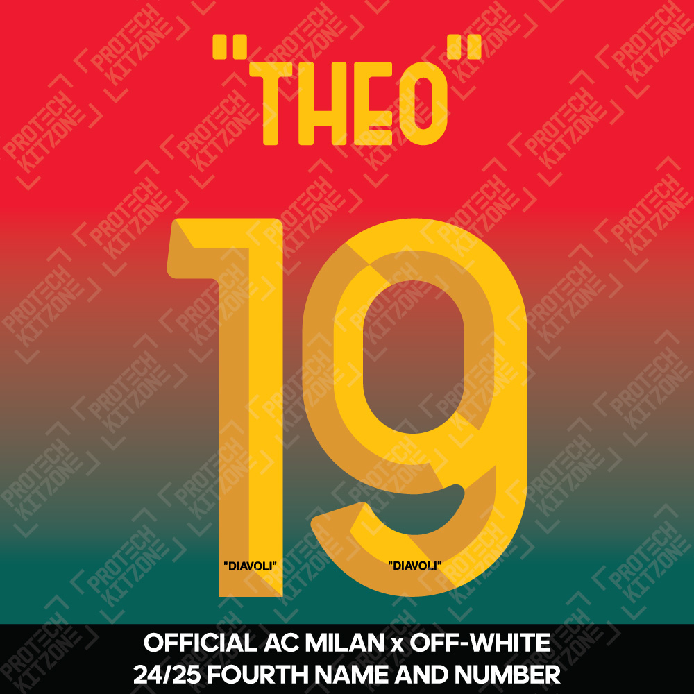 "Theo" 19 (Official AC Milan x Off-White 2024/25 Fourth Name and Numbering) (ACM-2425-NNS-Yellow (Off-White)-Theo 19, 2024/25 Season Nameset, ) by www.protechkitzone.com "Theo" 19 (Official AC Milan x Off-White 2024/25 Fourth Name and Numbering)