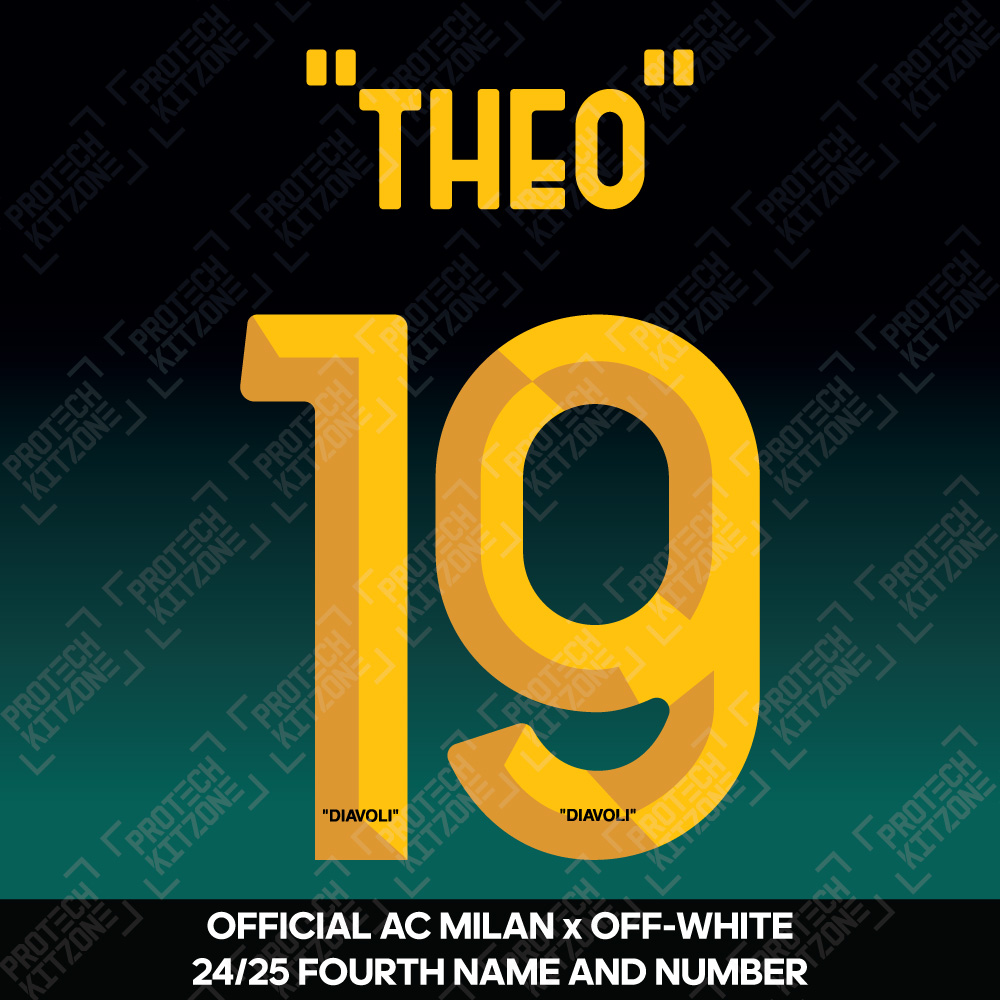 "Theo" 19 (Official AC Milan x Off-White 2024/25 Fourth Name and Numbering) (ACM-2425-NNS-Yellow (Off-White)-Theo 19, 2024/25 Season Nameset, ) by www.protechkitzone.com "Theo" 19 (Official AC Milan x Off-White 2024/25 Fourth Name and Numbering)
