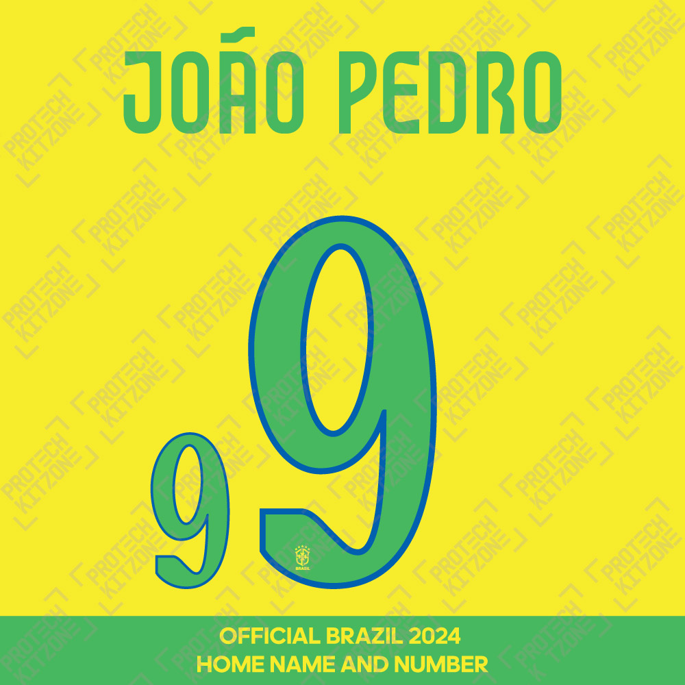 João Pedro 9 - Official Brazil 2024 Home Name and Numbering (JP9 BRA24HM, Brazil National Team, ) by www.protechkitzone.com João Pedro 9 - Official Brazil 2024 Home Name and Numbering