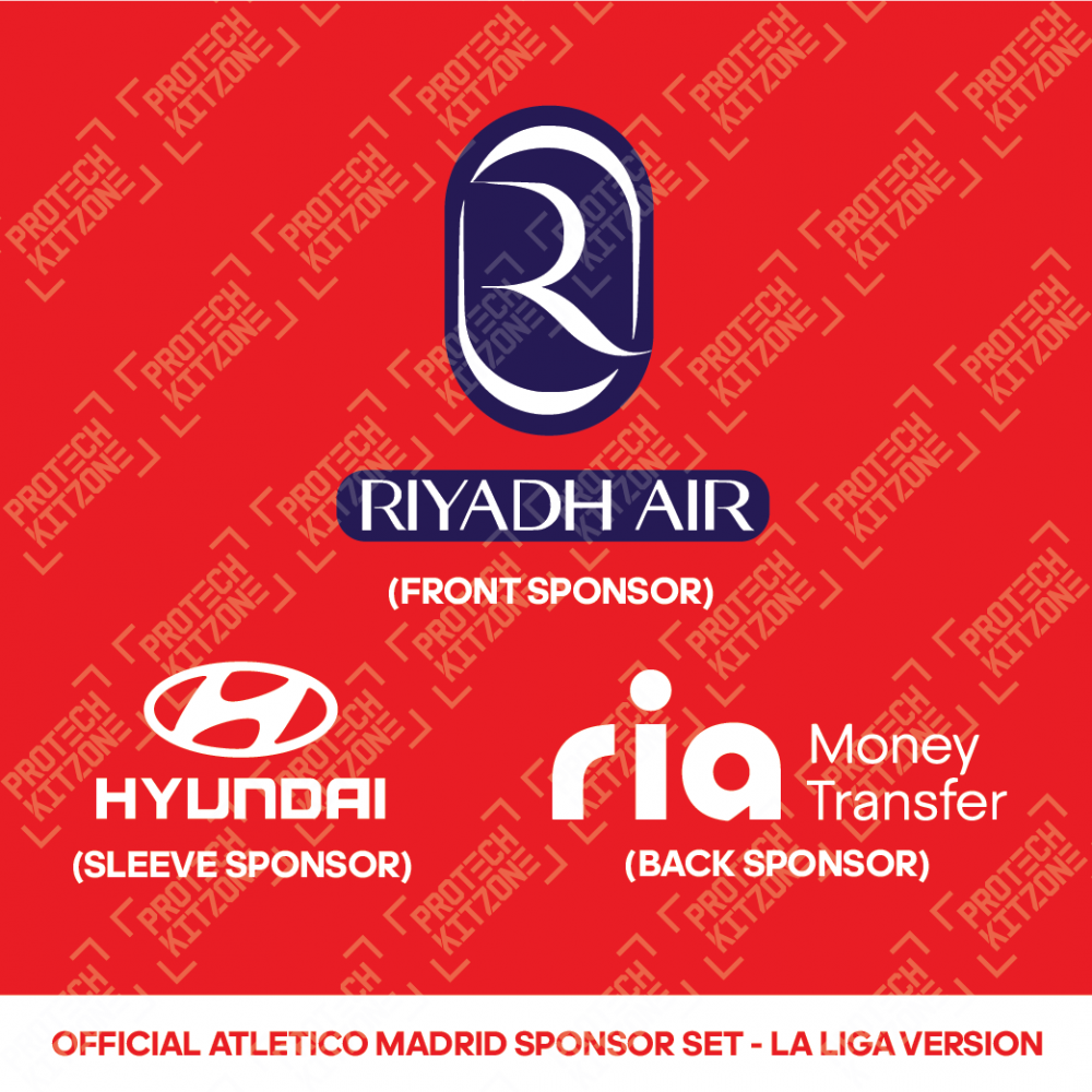Riyadh Air + Hyundai + Ria Money Transfer La Liga Sponsor Set - For Atletico Madrid 2023/24 Home Shirt 
