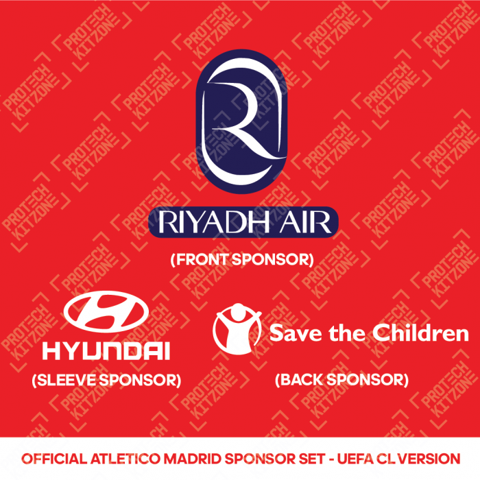 Riyadh Air + Hyundai + Save the Children (UEFA Champions League Sponsor Set) - For Atletico Madrid 2023/24 Home Shirt 