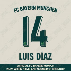 Luis Díaz 14 - Official Bayern Munich 2025/26 Wiesn Name and Numbering w/ Sponsor