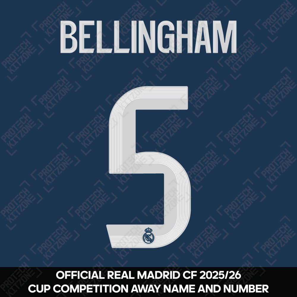 Bellingham 5 (Official Real Madrid CF 2025/26 Away Cup Competition Name and Numbering) (B5-RMCF-2526-AW-NNS, 2025/26 Season Nameset, ) by www.protechkitzone.com Bellingham 5 (Official Real Madrid CF 2025/26 Away Cup Competition Name and Numbering)