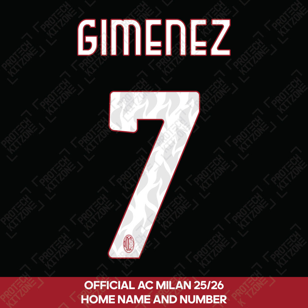 Gimenez 7 (Official AC Milan 2025/26 Home Name and Numbering) (G7-ACM-2526-NNS, 2025/26 Season Nameset, ) by www.protechkitzone.com Gimenez 7 (Official AC Milan 2025/26 Home Name and Numbering)