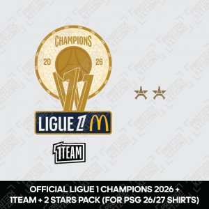 Official France Ligue 1 Champions 2026 + 1TEAM + 2 Stars Pack (For PSG 26/27 Shirts) Official France Ligue 1 Champions 2026 + 1TEAM + 2 Stars Pack (For PSG 26/27 Shirts)