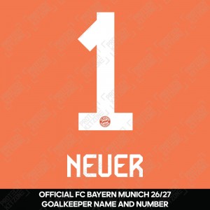 Neuer 1 - Official Bayern Munich 2026/27 Goalkeeper Name and Numbering