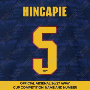 Hincapie 5 - Official Arsenal 2026/27 Away Cup Competition Name and Numbering