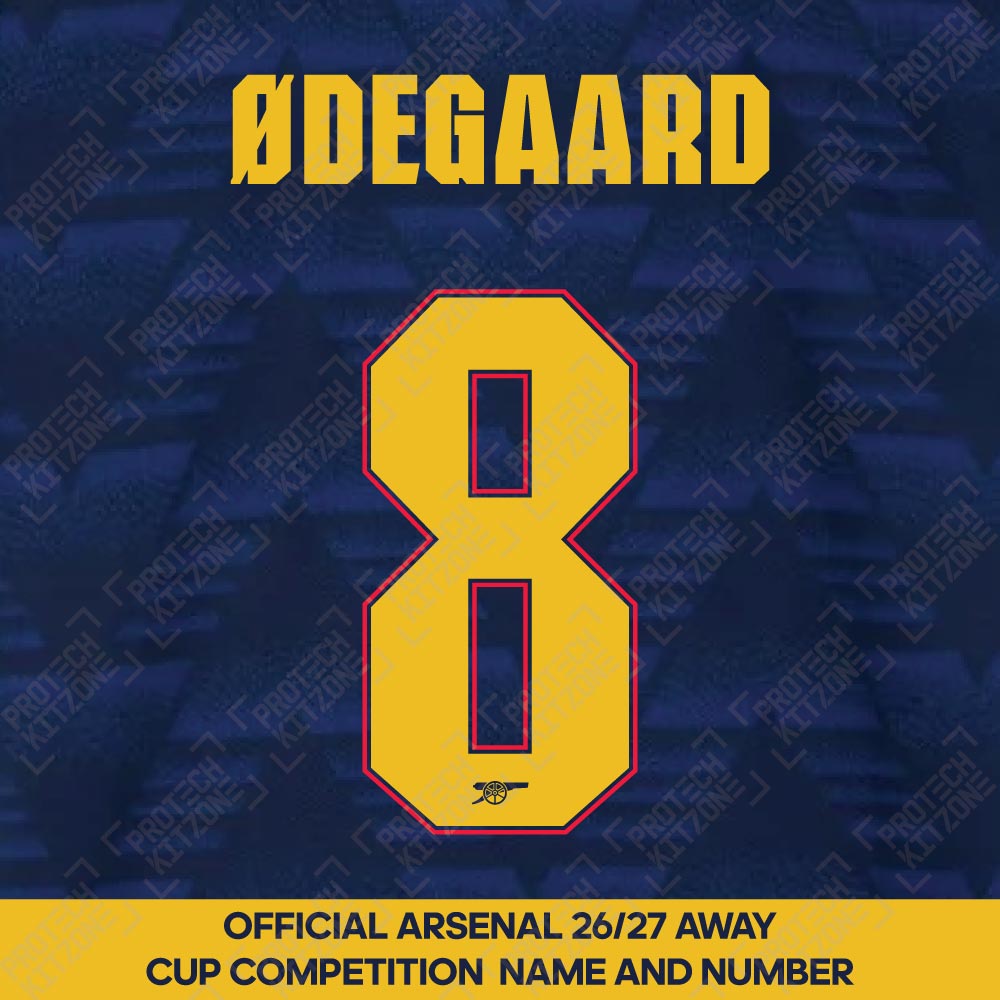 Ødegaard 8 - Official Arsenal 2026/27 Away Cup Competition Name and Numbering Ødegaard 8 - Official Arsenal 2026/27 Away Cup Competition Name and Numbering
