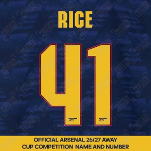 Rice 41 - Official Arsenal 2026/27 Away Cup Competition Name and Numbering Rice 41 - Official Arsenal 2026/27 Away Cup Competition Name and Numbering