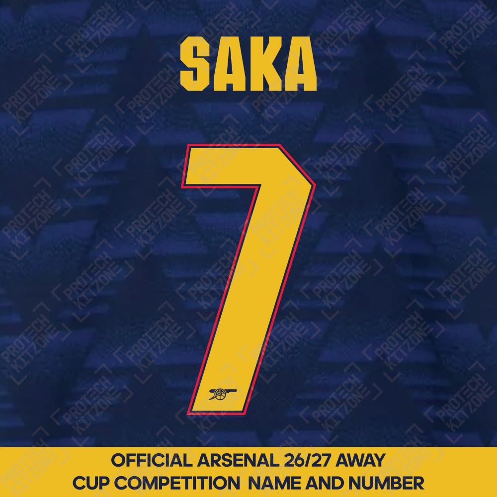 Saka 7 - Official Arsenal 2026/27 Away Cup Competition Name and Numbering Saka 7 - Official Arsenal 2026/27 Away Cup Competition Name and Numbering