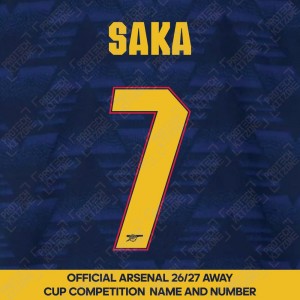 Saka 7 - Official Arsenal 2026/27 Away Cup Competition Name and Numbering