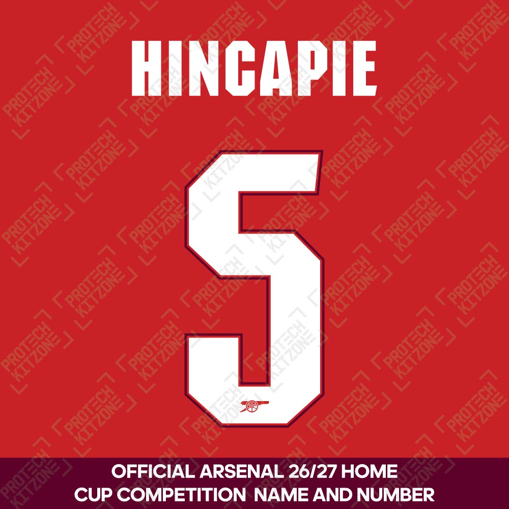 Hincapie 5 - Official Arsenal 2026/27 Home Cup Competition Name and Numbering Hincapie 5 - Official Arsenal 2026/27 Home Cup Competition Name and Numbering