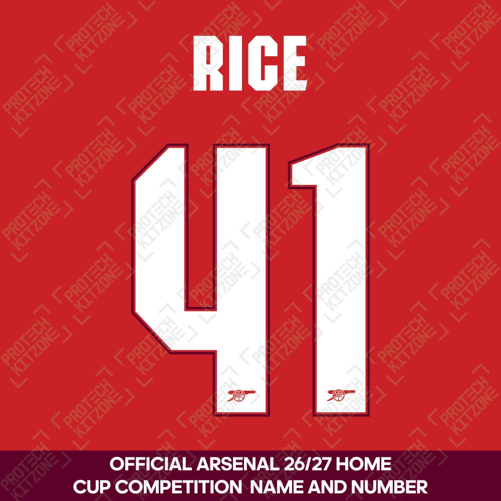Rice 41 - Official Arsenal 2026/27 Home Cup Competition Name and Numbering