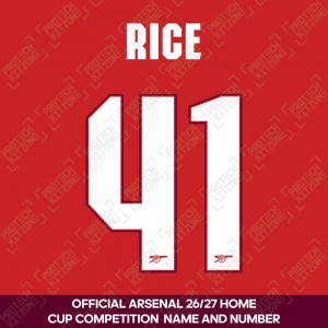 Rice 41 - Official Arsenal 2026/27 Home Cup Competition Name and Numbering Rice 41 - Official Arsenal 2026/27 Home Cup Competition Name and Numbering