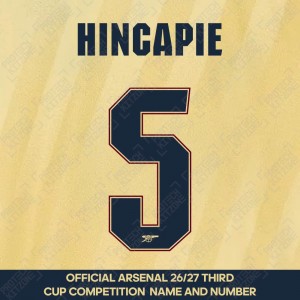 Hincapie 5 - Official Arsenal 2026/27 Third Cup Competition Name and Numbering